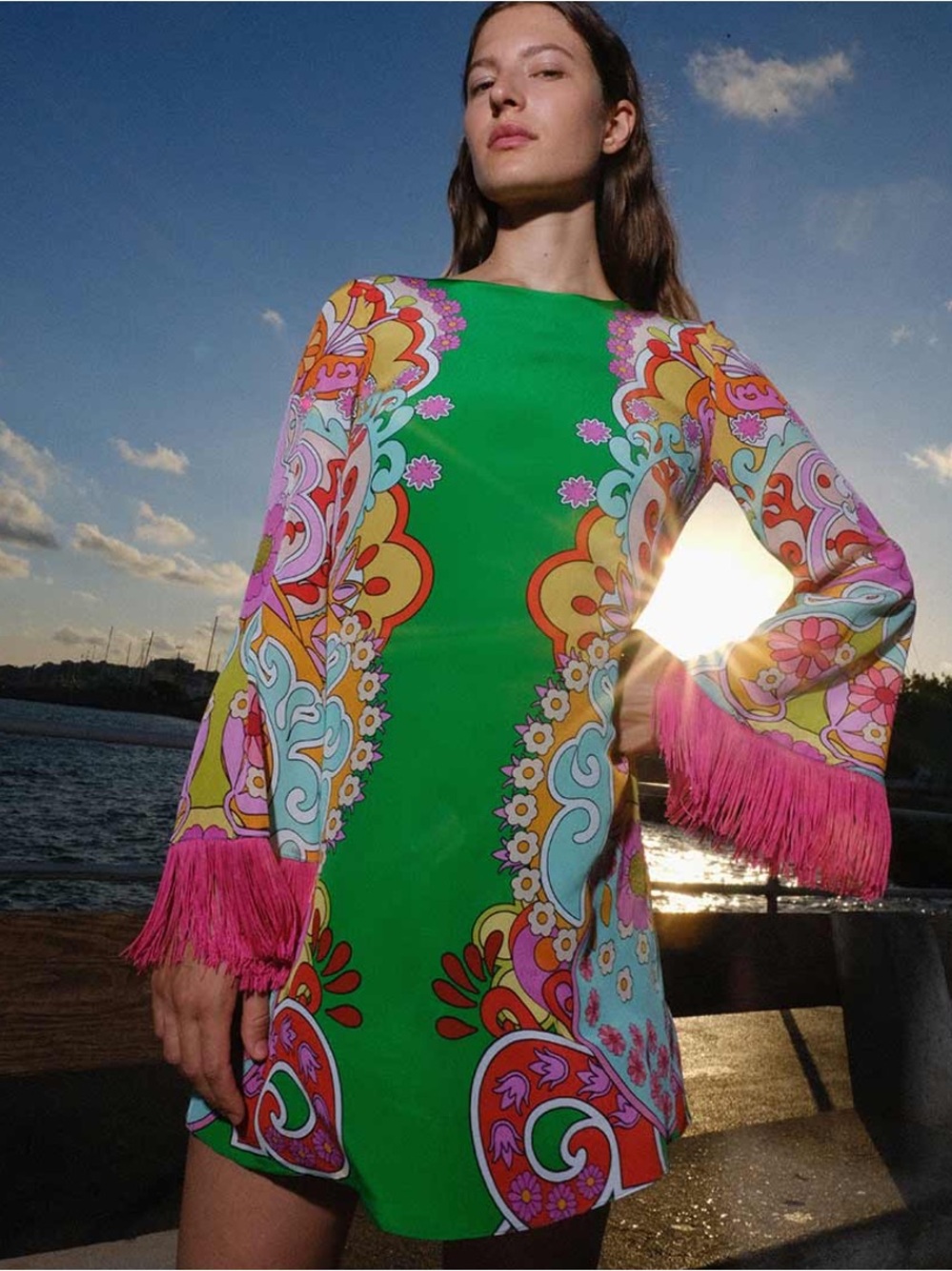 Vibrant Green Psychedelic Print Mini Dress with Pink Fringe